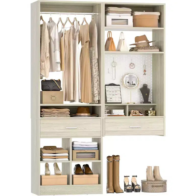 Set di armadi a 2 unità beige/bianco con organizer a muro, per 2 utenti