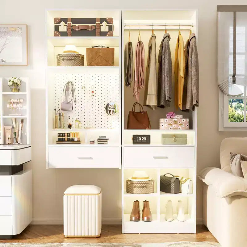 Set di armadi a 2 unità beige/bianco con organizer a muro, per 2 utenti