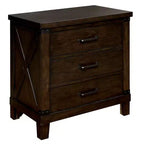 Royal Hampton 3 Drawer Nightstand with Metal Handle And Crossed Planked Side Panels, Brown