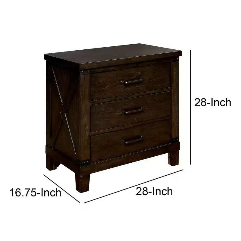 Comodino Marrone a 3 Cassetti con Maniglie in Metallo, Singolo, Legno
