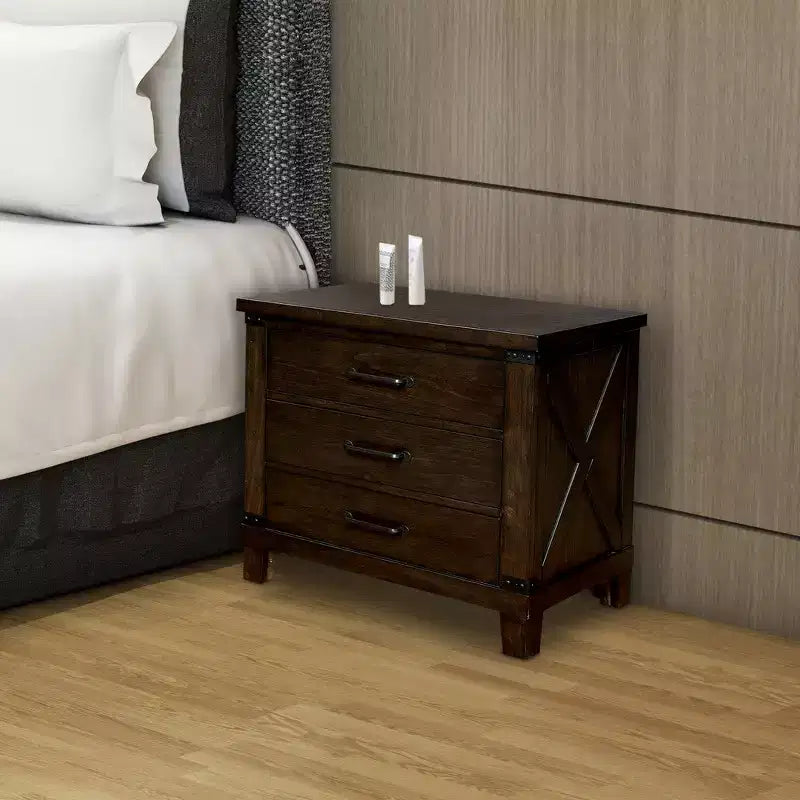Comodino Marrone a 3 Cassetti con Maniglie in Metallo, Singolo, Legno