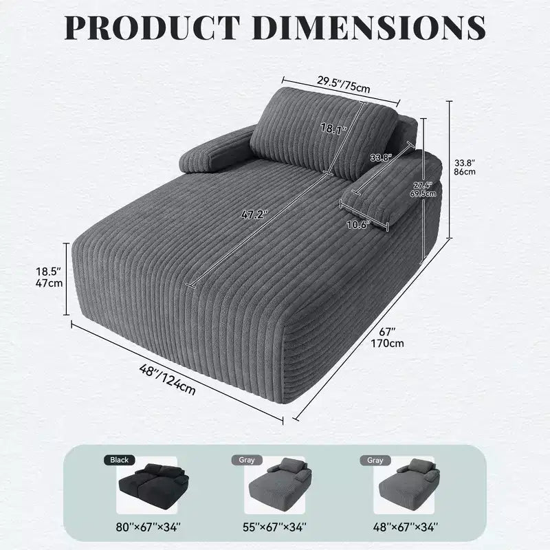 Divano Letto Chaise Longue in Velluto a Coste Grigio – 1 Posto