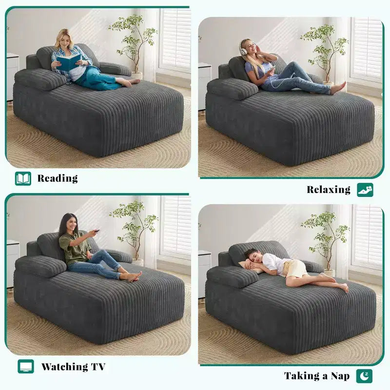 Divano Letto Chaise Longue in Velluto a Coste Grigio – 1 Posto