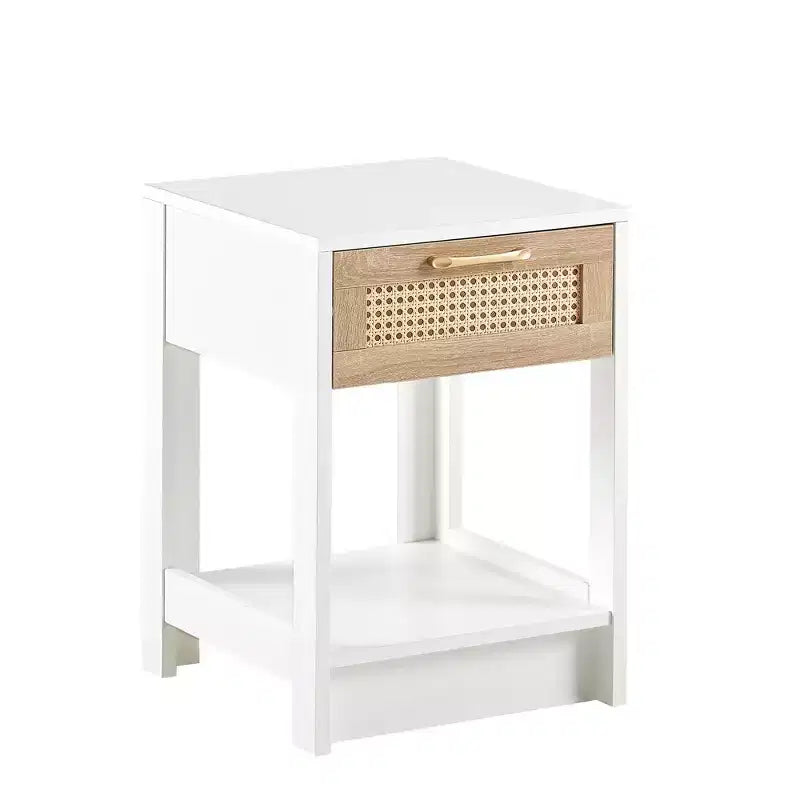 Comodino con cassetto in rattan naturale/bianco e ripiano aperto – Montaggio per 1 persona