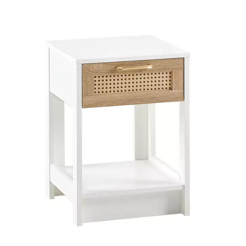 Comodino con cassetto in rattan naturale/bianco e ripiano aperto – Montaggio per 1 persona