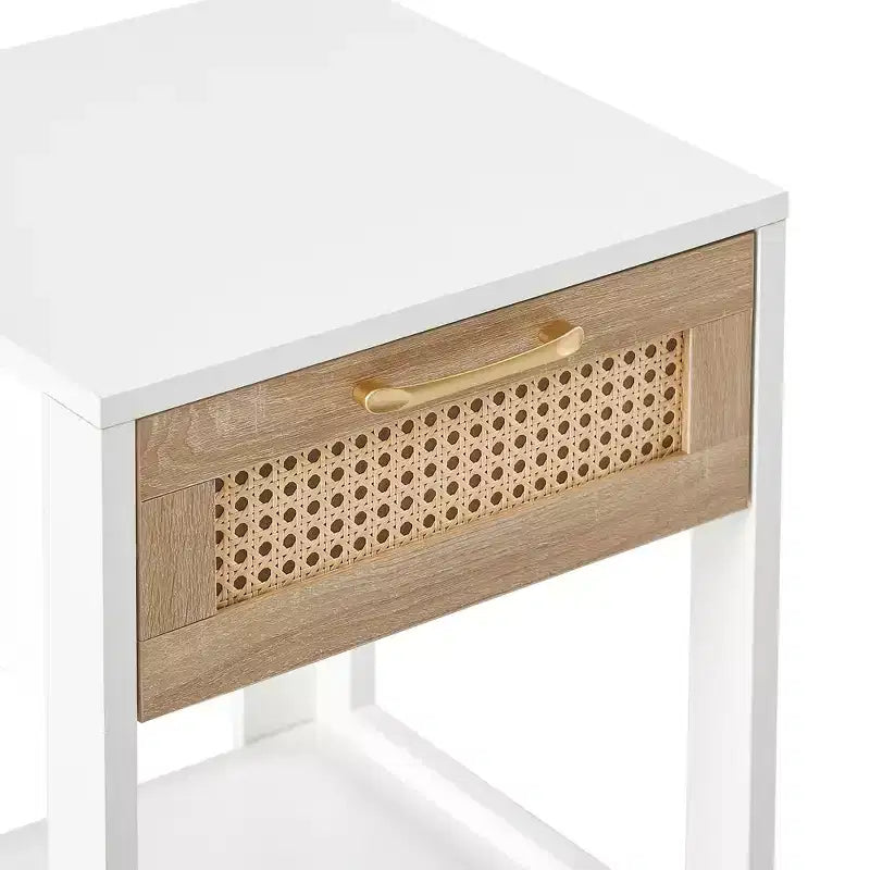 Comodino con cassetto in rattan naturale/bianco e ripiano aperto – Montaggio per 1 persona