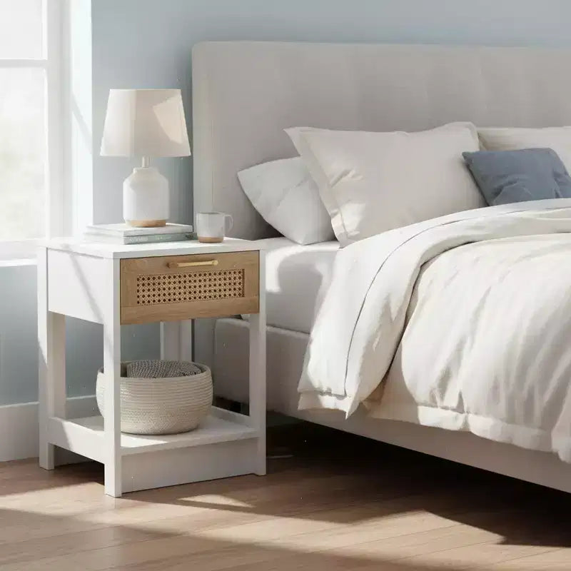 Comodino con cassetto in rattan naturale/bianco e ripiano aperto – Montaggio per 1 persona