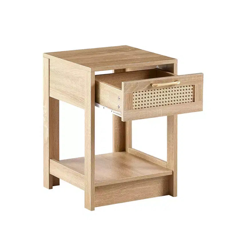 Comodino con cassetto in rattan naturale/bianco e ripiano aperto – Montaggio per 1 persona