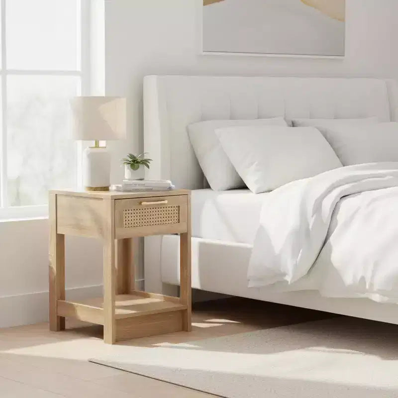 Homy Casa Nightstand with Rattan Drawer, Bedside Table with Open Shelf
