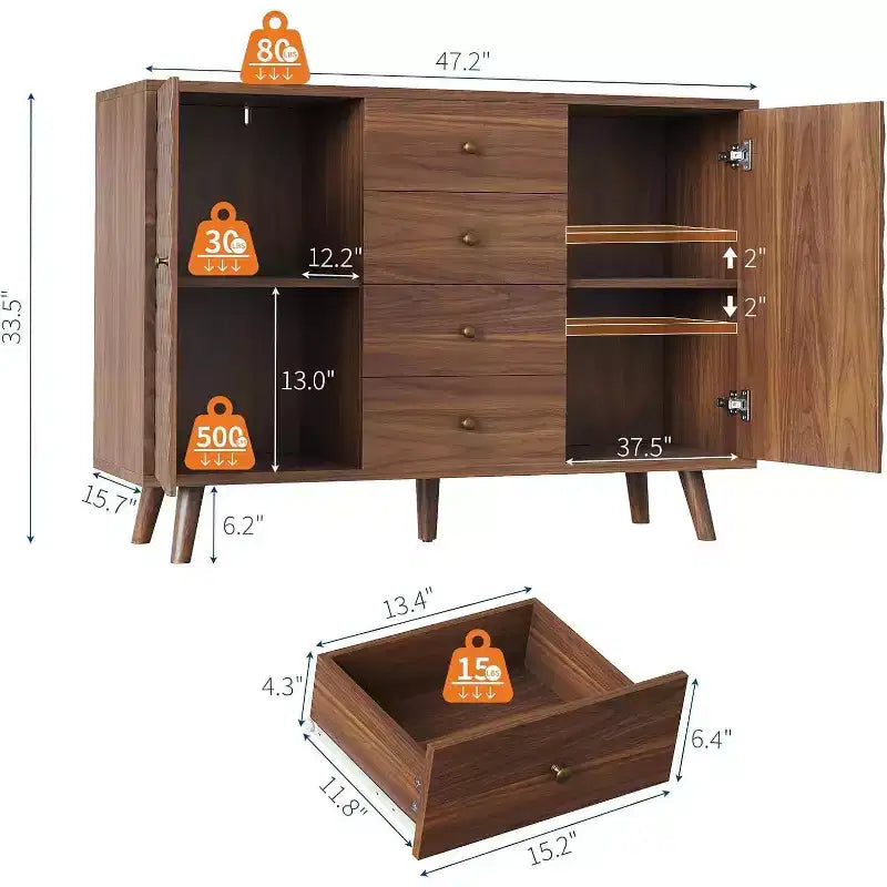 Madia bianca effetto legno – 2 ante, 4 cassetti, 6 ripiani