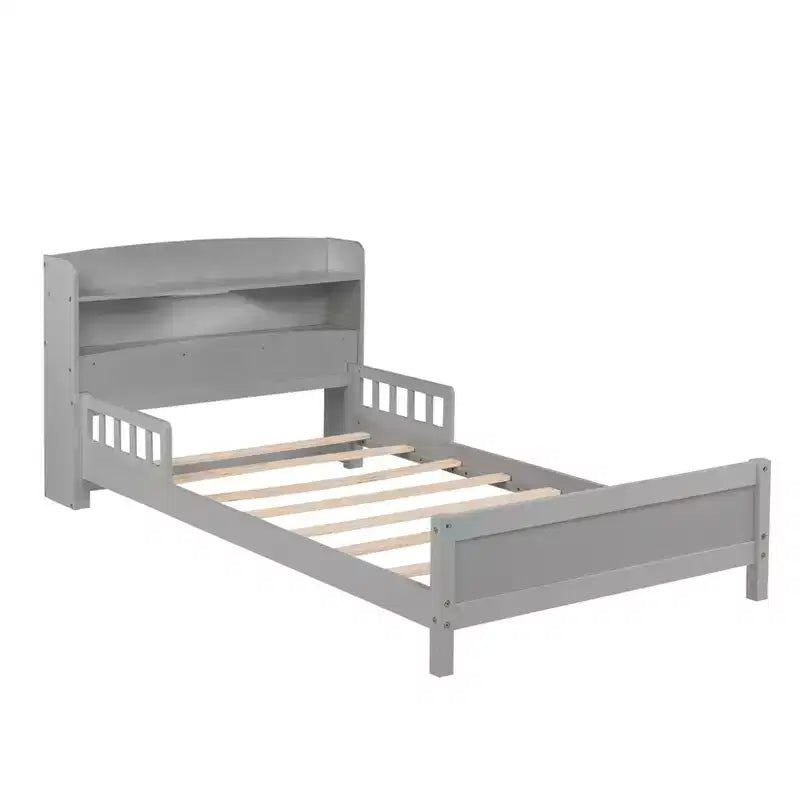Letto singolo grigio/bianco con testiera a libreria, luce a LED e sponde di protezione – Adatto per 1
