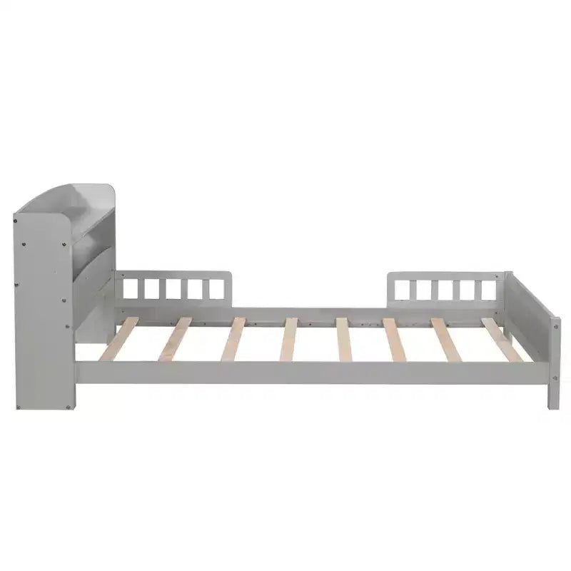 Letto singolo grigio/bianco con testiera a libreria, luce a LED e sponde di protezione – Adatto per 1