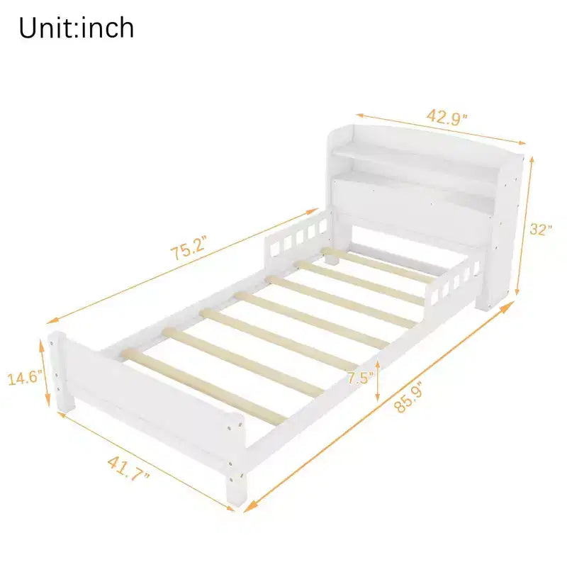 Letto singolo grigio/bianco con testiera a libreria, luce a LED e sponde di protezione – Adatto per 1