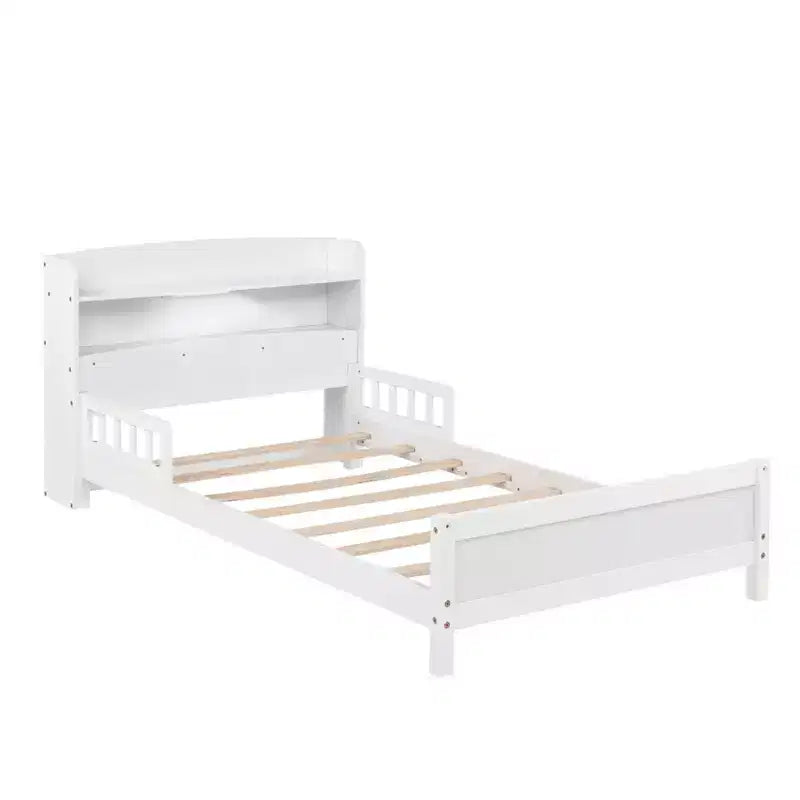Letto singolo grigio/bianco con testiera a libreria, luce a LED e sponde di protezione – Adatto per 1