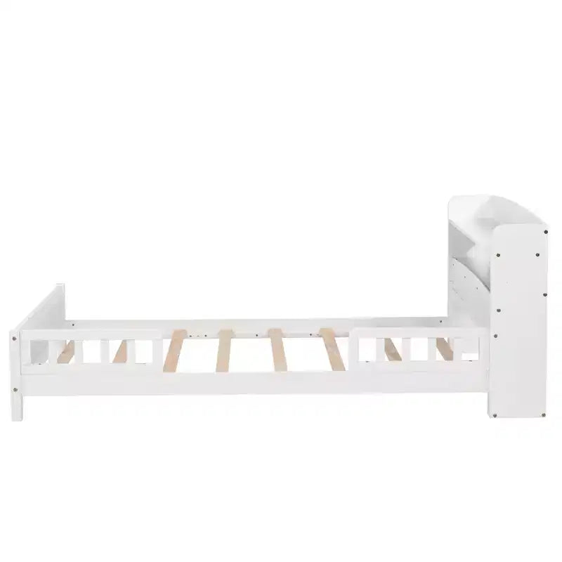 Letto singolo grigio/bianco con testiera a libreria, luce a LED e sponde di protezione – Adatto per 1