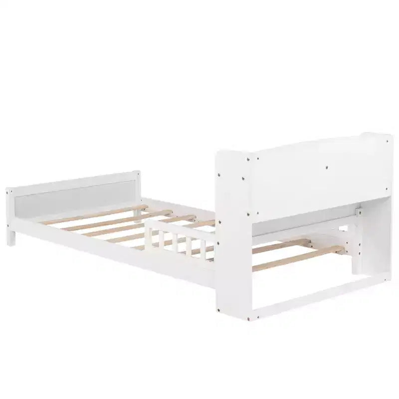Letto singolo grigio/bianco con testiera a libreria, luce a LED e sponde di protezione – Adatto per 1