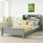 Luxystar Twin Wood Bed with Bookcase Headboard ,LED Motion Sensor Light and Adjustable Guardrails