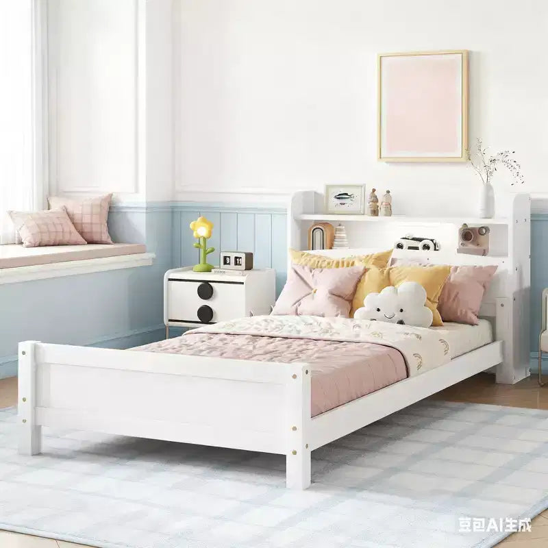 Letto singolo grigio/bianco con testiera a libreria, luce a LED e sponde di protezione – Adatto per 1