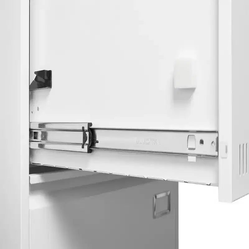 Classificatore metallico bianco a 2 cassetti con serratura – 1 persona, sotto la scrivania