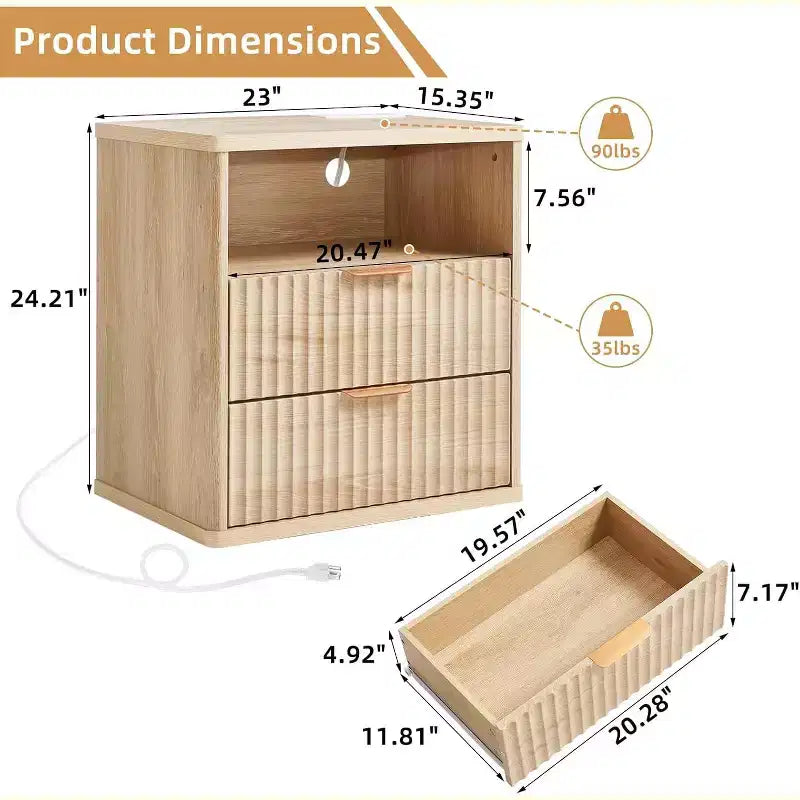 Comodino con scanalature in rovere naturale con 2 cassetti – 1 o 2 pezzi