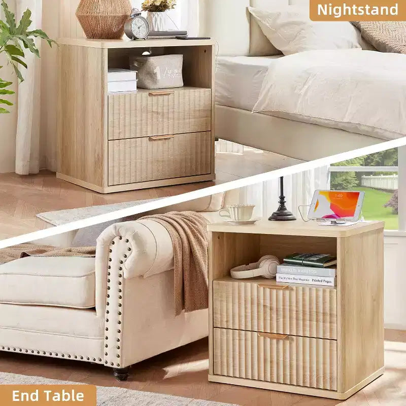 Comodino con scanalature in rovere naturale con 2 cassetti – 1 o 2 pezzi