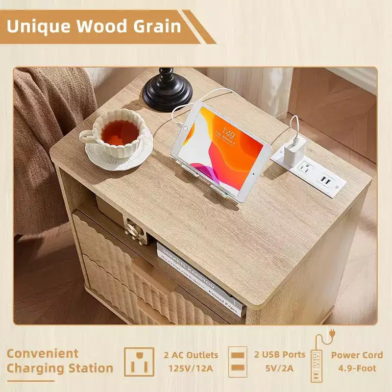 Comodino con scanalature in rovere naturale con 2 cassetti – 1 o 2 pezzi