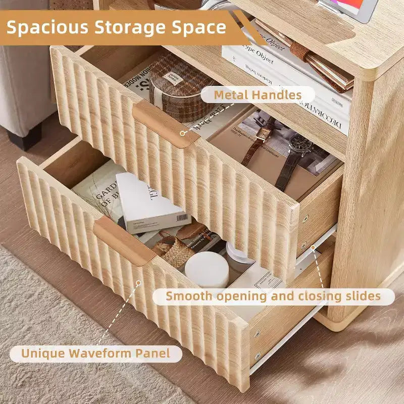 Comodino con scanalature in rovere naturale con 2 cassetti – 1 o 2 pezzi