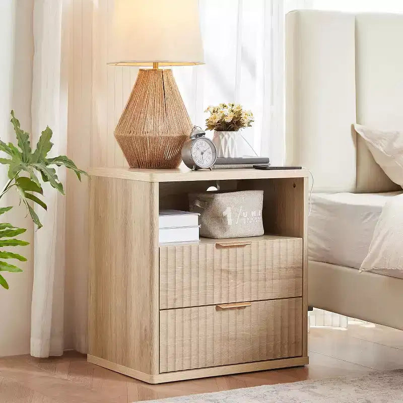 Comodino con scanalature in rovere naturale con 2 cassetti – 1 o 2 pezzi