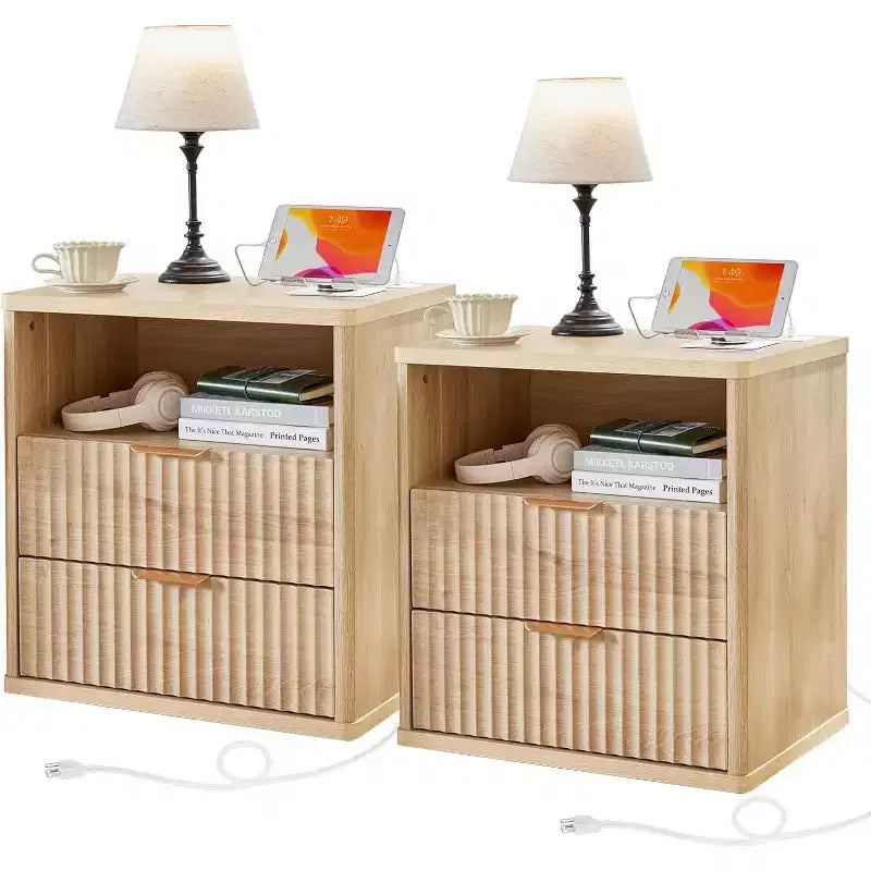 Comodino con scanalature in rovere naturale con 2 cassetti – 1 o 2 pezzi