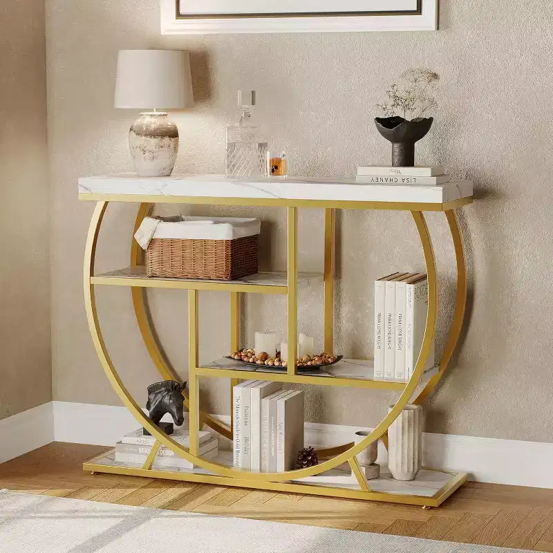 Consolle alta da 4 ripiani in stile industriale stretto - Nero / Bianco+Oro – 1 pezzo