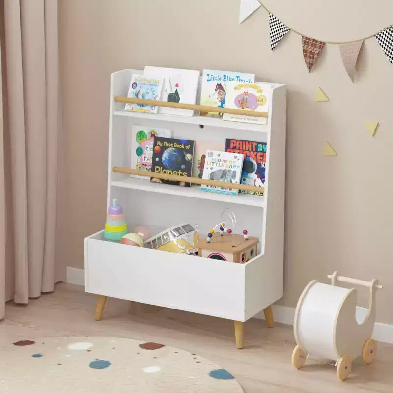 Libreria bianca per bambini a 2 ripiani con portaoggetti per giocattoli, per 1 utente – MDF, design antiribaltamento