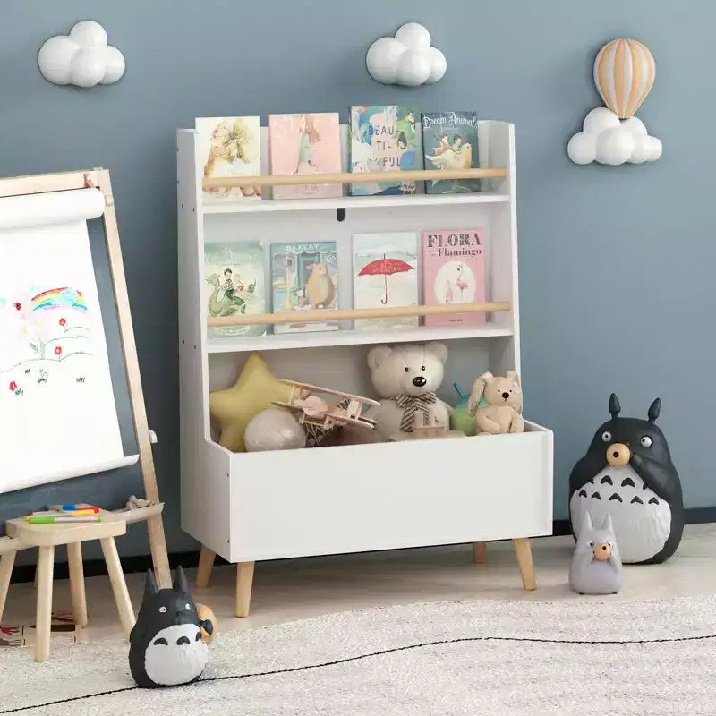 Libreria bianca per bambini a 2 ripiani con portaoggetti per giocattoli, per 1 utente – MDF, design antiribaltamento