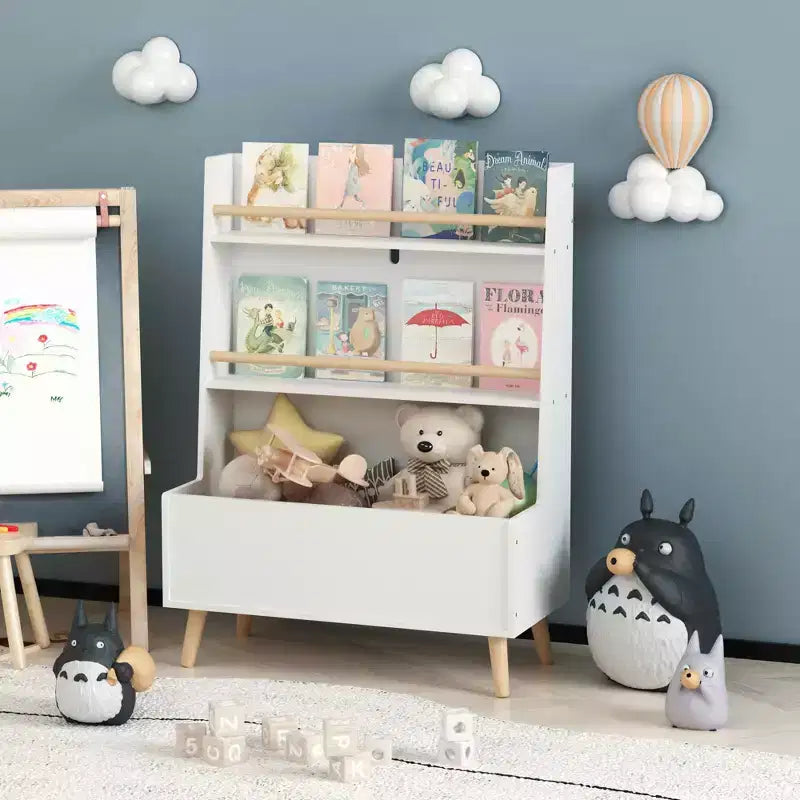 Libreria bianca per bambini a 2 ripiani con portaoggetti per giocattoli, per 1 utente – MDF, design antiribaltamento