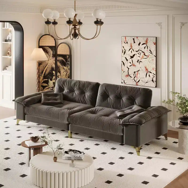 Divano Cloud a 4 posti in ciniglia beige/grigio scuro con braccioli rimovibili