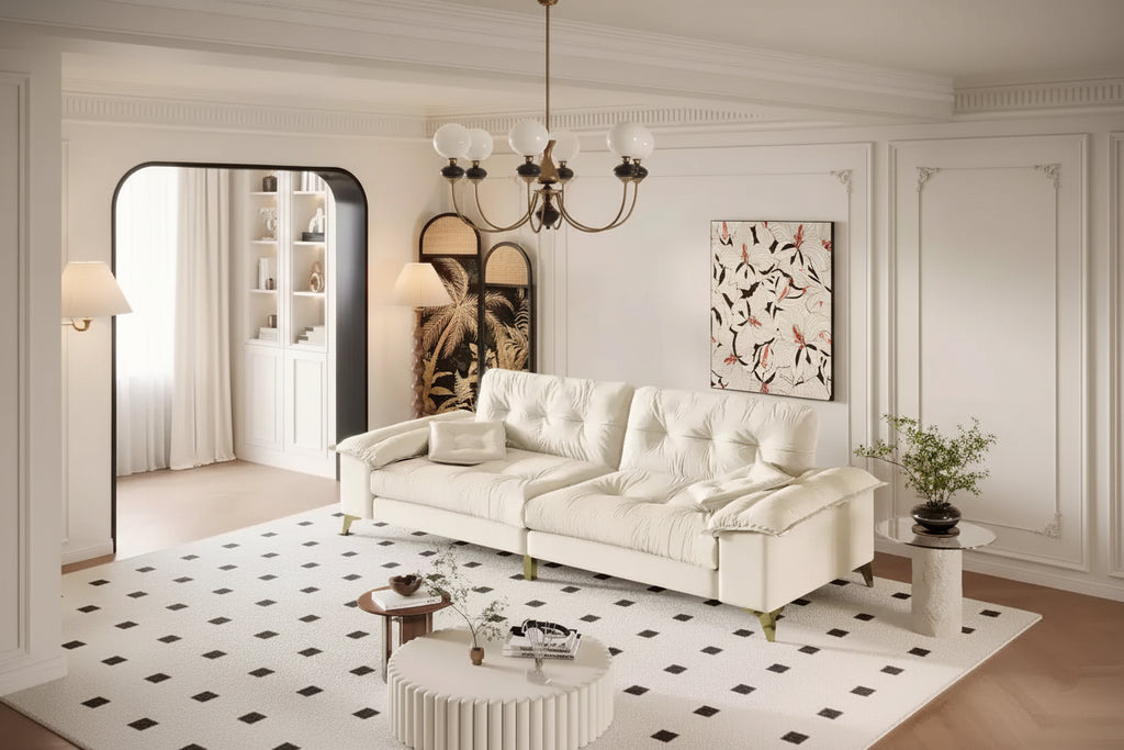 Divano Cloud a 4 posti in ciniglia beige/grigio scuro con braccioli rimovibili