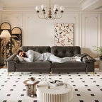 Divano Cloud a 4 posti in ciniglia beige/grigio scuro con braccioli rimovibili