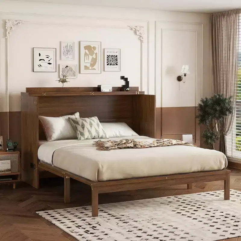 Letto a scomparsa matrimoniale una piazza e mezza (queen) Espresso/Noce con pannello in rattan - 1 persona