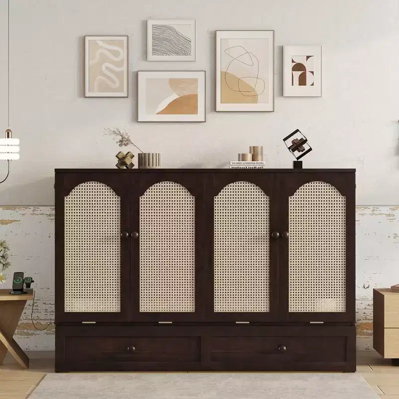 Letto a scomparsa matrimoniale una piazza e mezza (queen) Espresso/Noce con pannello in rattan - 1 persona