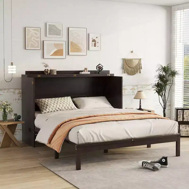 Letto a scomparsa matrimoniale una piazza e mezza (queen) Espresso/Noce con pannello in rattan - 1 persona