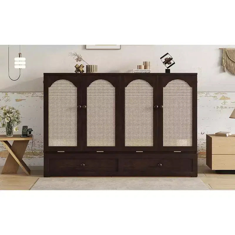Letto a scomparsa matrimoniale una piazza e mezza (queen) Espresso/Noce con pannello in rattan - 1 persona