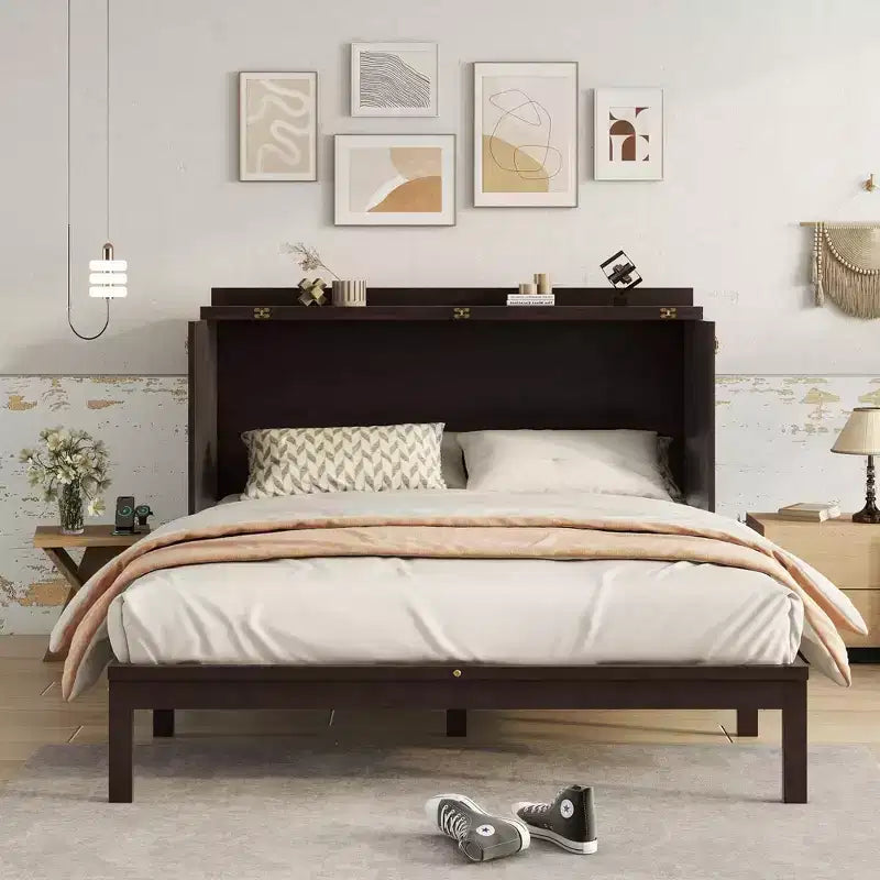 Letto a scomparsa matrimoniale una piazza e mezza (queen) Espresso/Noce con pannello in rattan - 1 persona