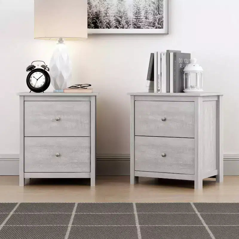 Comodino a 2 cassetti in rovere nero/rovere grigio polvere/rovere nodoso, set da 2