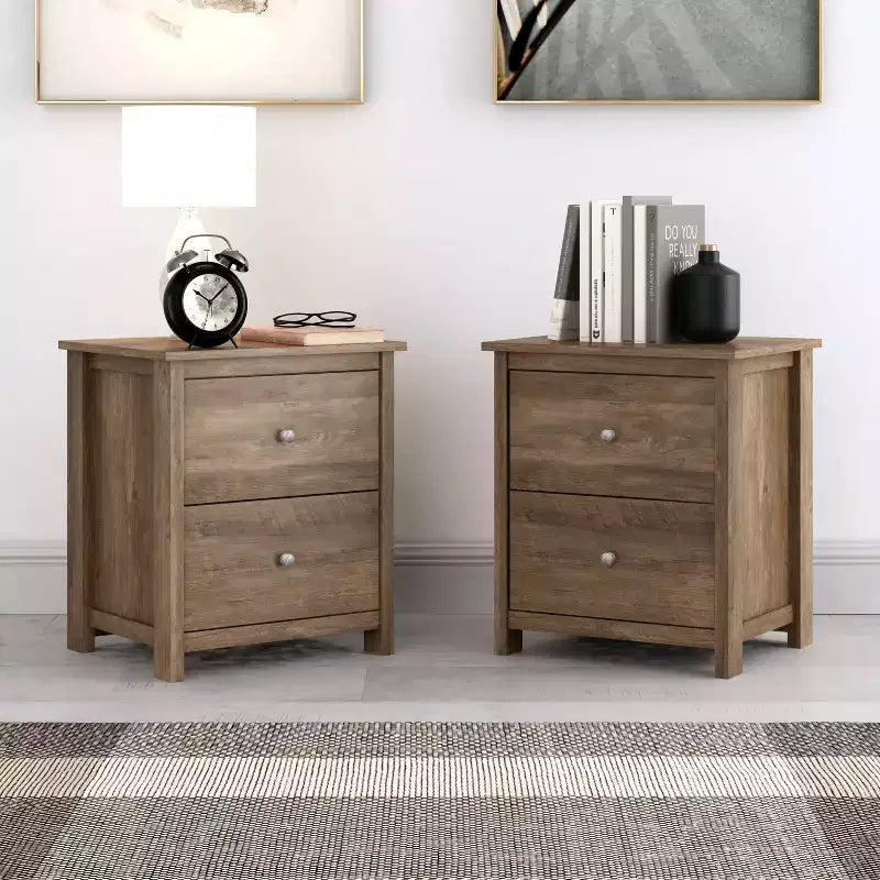 Comodino a 2 cassetti in rovere nero/rovere grigio polvere/rovere nodoso, set da 2