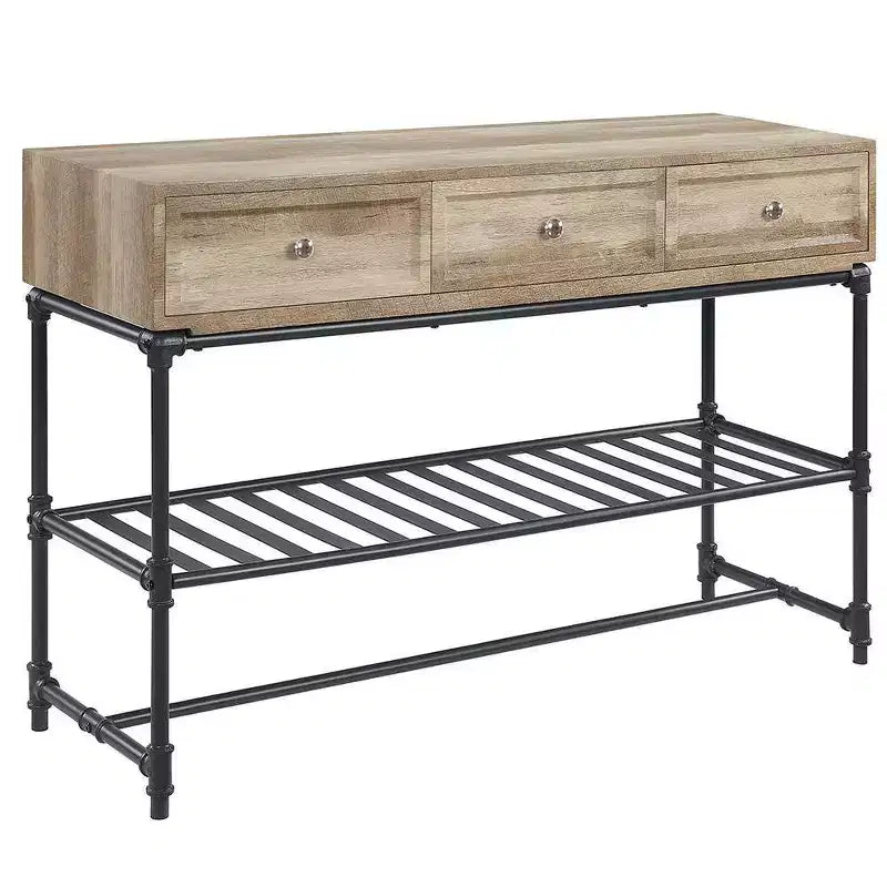 Brantley 47" Accent Tables Oak and Sandy Black - Acme Furniture: 3-Drawer, Metal Frame, Wood Composite Top