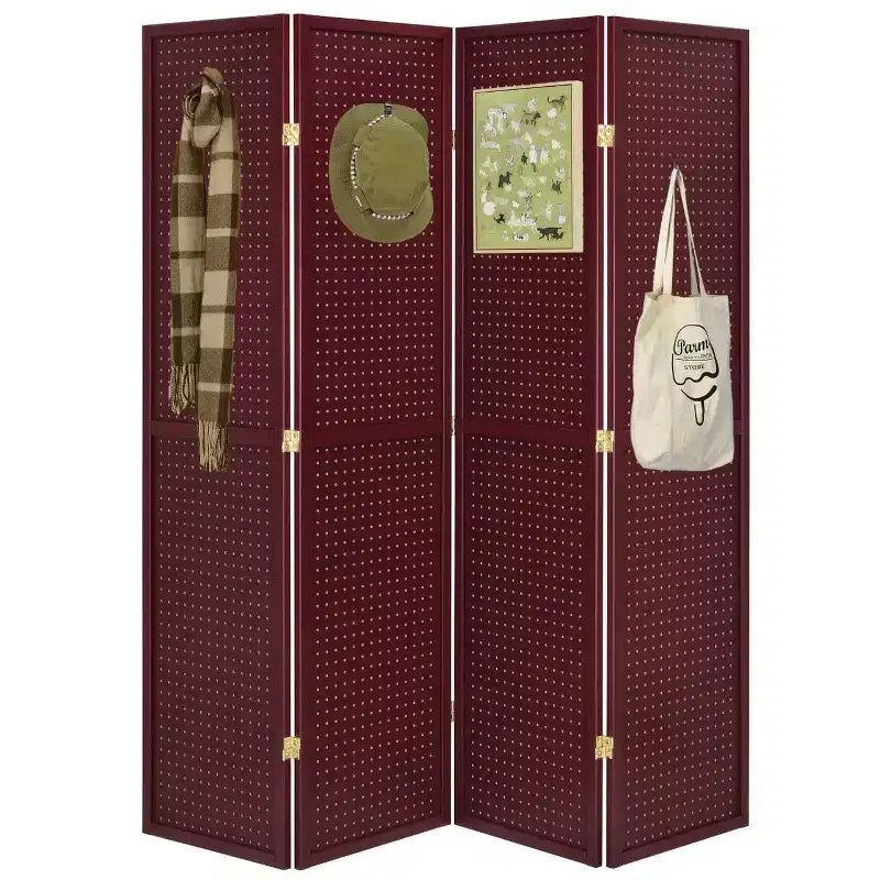 Paravento pieghevole a 4 pannelli in pegboard, nero/naturale/rosso/bianco – monouso
