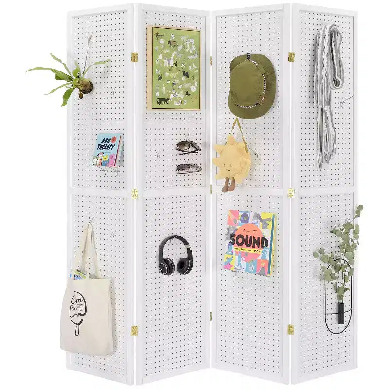 Paravento pieghevole a 4 pannelli in pegboard, nero/naturale/rosso/bianco – monouso