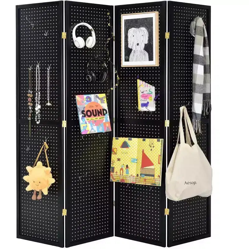 Paravento pieghevole a 4 pannelli in pegboard, nero/naturale/rosso/bianco – monouso