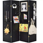 Paravento pieghevole a 4 pannelli in pegboard, nero/naturale/rosso/bianco – monouso