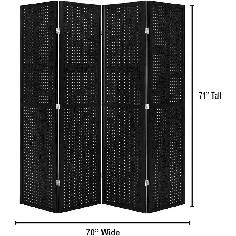 Paravento pieghevole a 4 pannelli in pegboard, nero/naturale/rosso/bianco – monouso