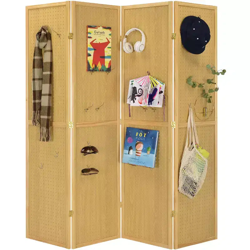 Paravento pieghevole a 4 pannelli in pegboard, nero/naturale/rosso/bianco – monouso